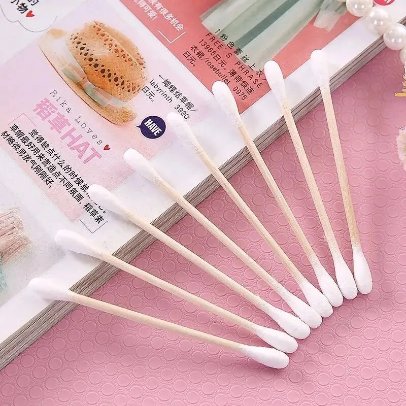 500pcs Double Head Wood Cotton Swab Nose Ears Cleaning Women Makeup